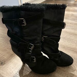 Colin Stuart Black Fur-Lined Buckle Boots